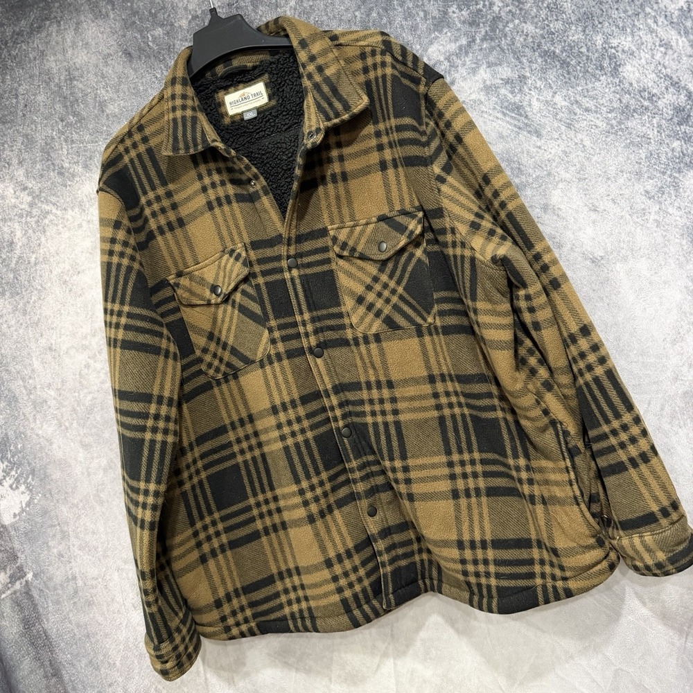 Highland Trail Mens 2XL Plaid Sherpa Lined Fleece Shacket Shirt Brown Black Snap